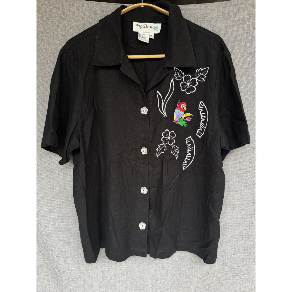 Linen Blend Tops Size M Black Embroidered Tropical Parrots Beach Tank Button VTG - Picture 7 of 11
